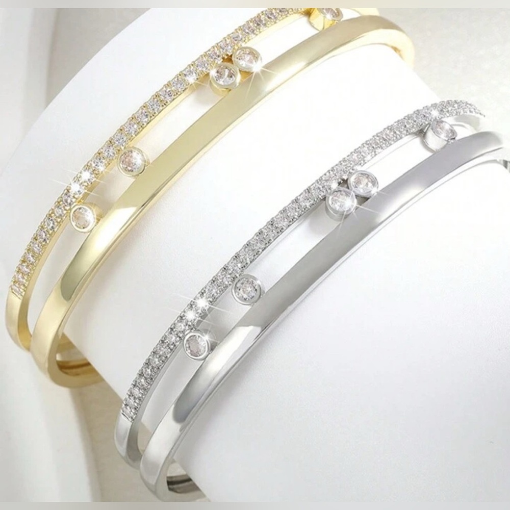 Silver designer inspired Double Layer Hollow Cubic Zirconia Open Bracelet